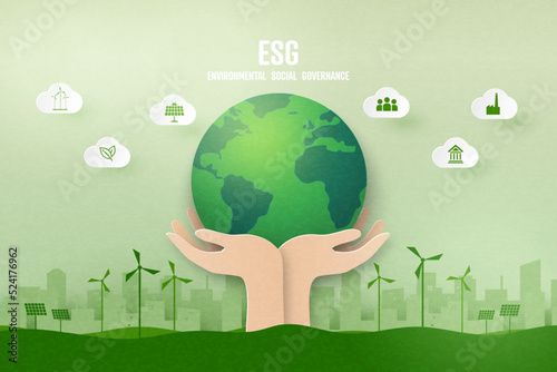 ESG as environmental, social and governance concept.Green ecology and alternative renewable energy.Paper art Vector illustration.