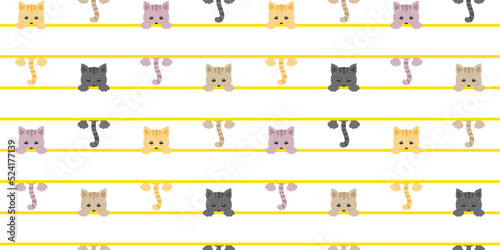 Cute multicolored kittens hanging on a yellow and white striped background. Endless texture with adorable pets. Vector seamless pattern for wrapping paper, packaging, cover, printing on clothes or bag