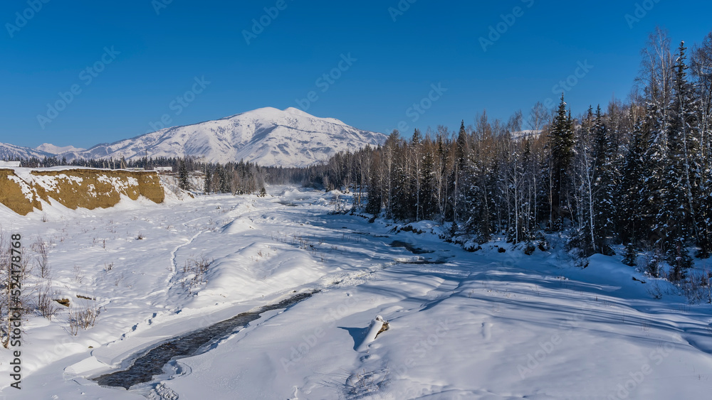 The frozen riverbed is covered with snow. Forest on the shore. A picturesque mountain against a clear blue sky. Copy space. Altai