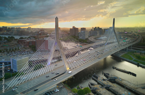 Leonard P. Zakim Bunker Hill Memorial Bridge in Boston looking at Cambridge during Sunset