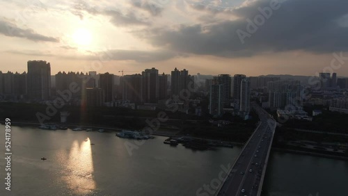 Wallpaper Mural Aerial photography of Yongjiang Bridge and bustling buildings along the coast in Nanning, Guangxi, China Torontodigital.ca