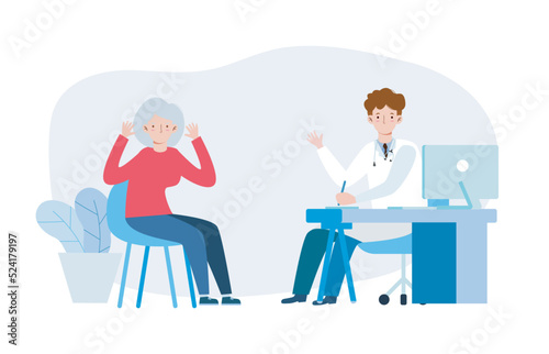 Medicine concept and psychiatrist doctor and old patient. Practitioner doctor and senior woman patient in hospital medical office. Consultation and diagnosis of mental health. Vector illustration flat