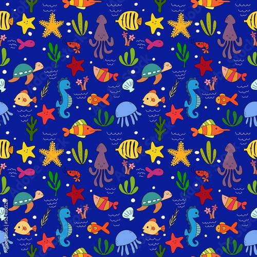 Marine animals seamless pattern. Mixed media. Multicolored background.