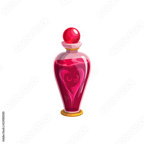 Love potion in glass bottle, Valentine day and wedding RSVP party symbol. Vector isolated magic love potion with heart
