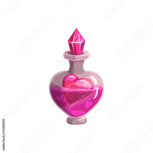 Love potion in bottle vial, Valentine day and wedding party symbol. Vector heart floating in pink magic love potion or prefume with crystal jewel cap