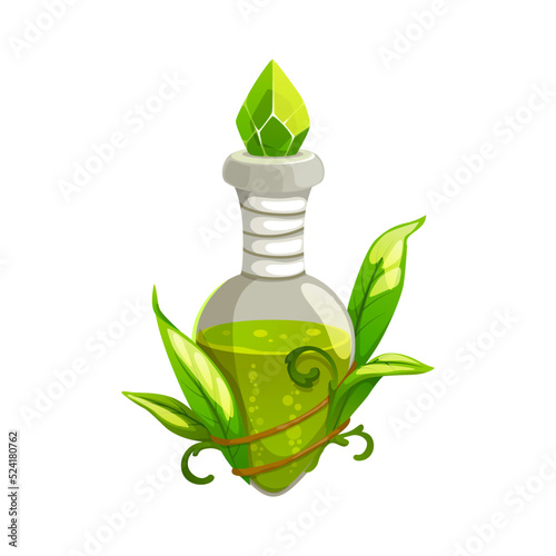 Potion bottle vector icon, nature fairy, witch poison in glass flask with magic green elixir, leaves and crystal bung. Cartoon element for magic game isolated on white background