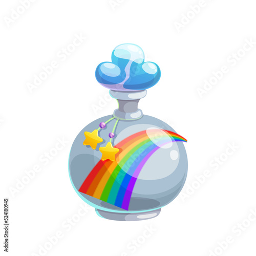 Potion bottle vector icon, magic elixir in glass flask with rainbow, stars decor and cloud bung. Cartoon magic witch poison, alchemy object isolated on white background