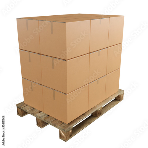 Stack boxes on pallet and white background , 3D rendering