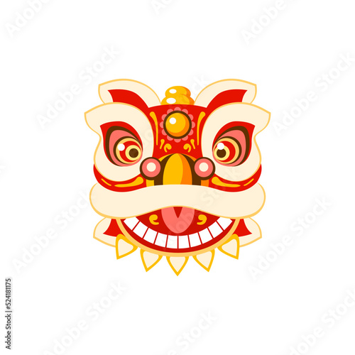 Chinese lion dance head, China Lunar New Year dragon mask. Traditional asian character, costume for holiday celebration, cartoon design element isolated on white background