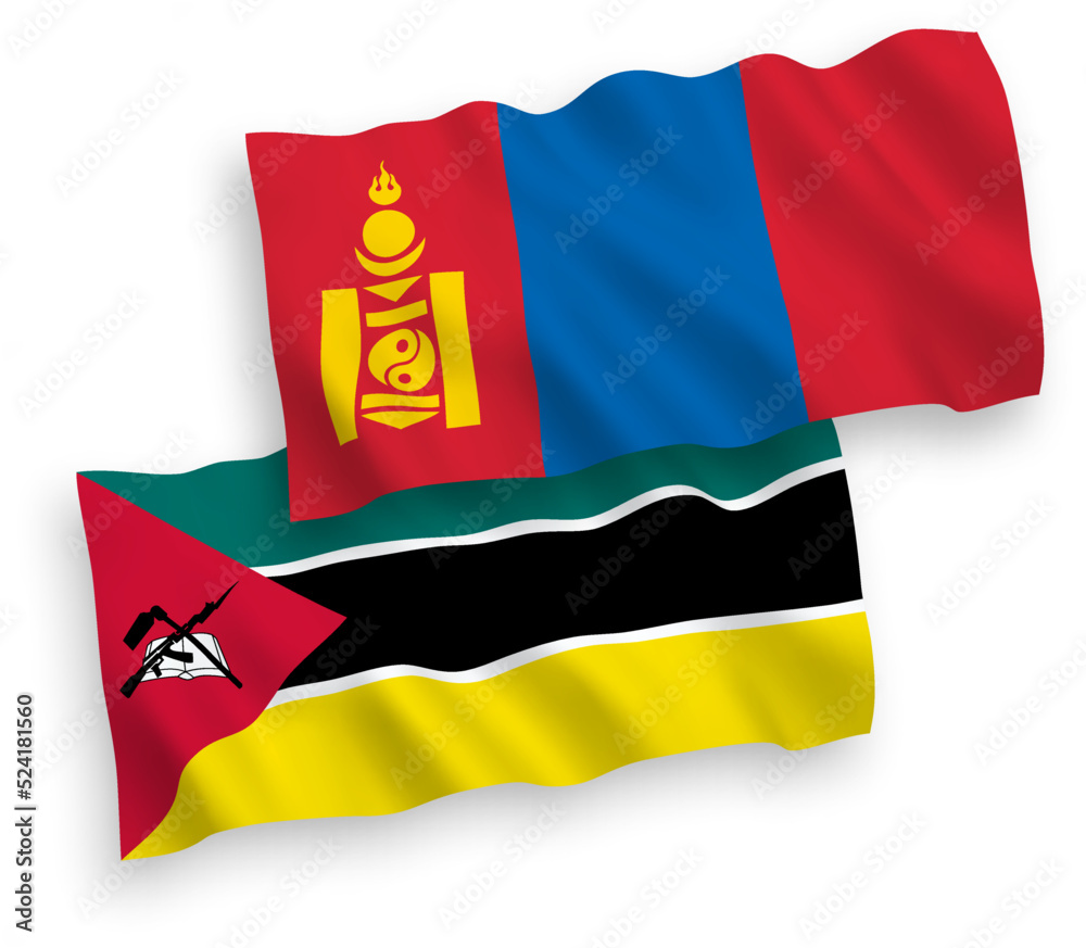 Flags of Republic of Mozambique and Mongolia on a white background Flags of Republic of Mozambique and Mongolia on a white background