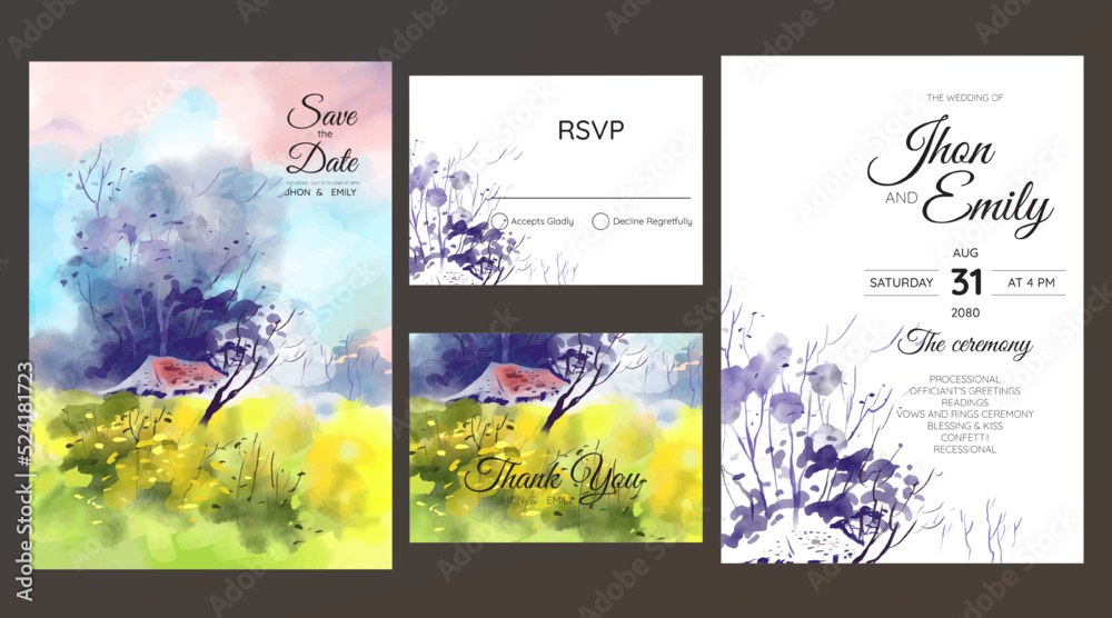 wedding invitation with landscape view watercolor background	