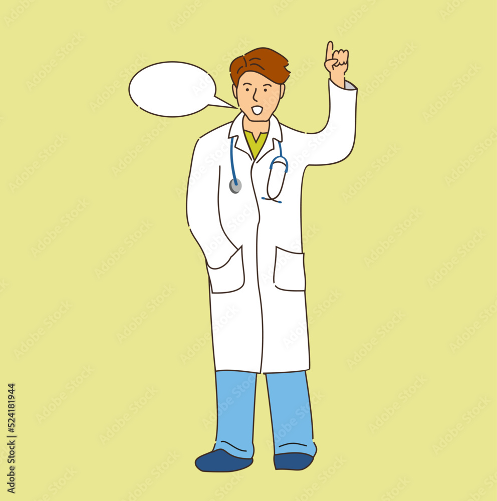 Doctor with lifted forefinger. Dialogue bubble. Physician. Medical emploee. Flat cartoon vector illustration. Doctor with lifted forefinger. Dialogue bubble. Physician. Medical emploee. Flat cartoon vector illustration.