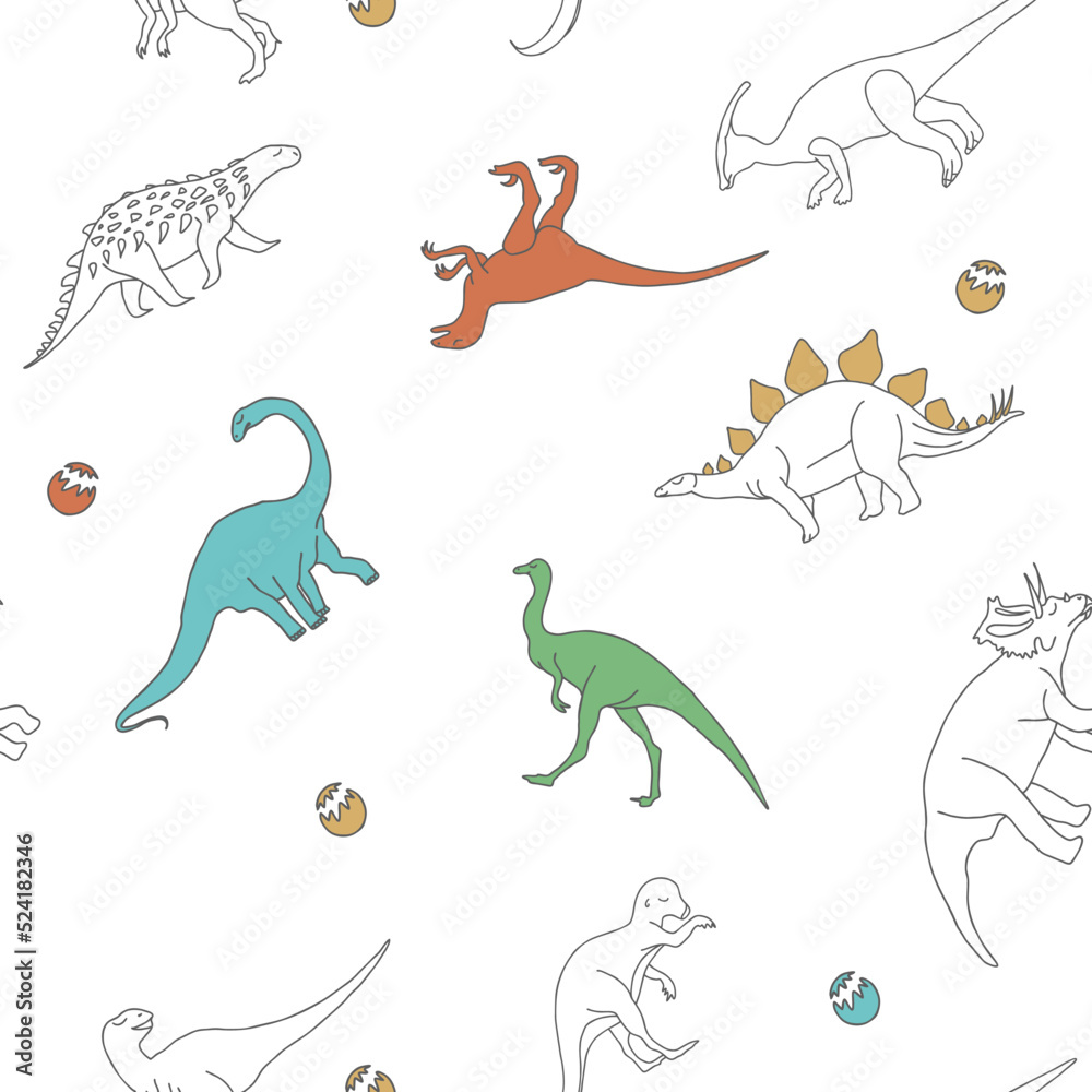 Fototapeta premium Dinosaur seamless pattern. Cute dinosaur vector print for kids. Vector print with cartoon dinosaur. Dino pastel print for party decor.