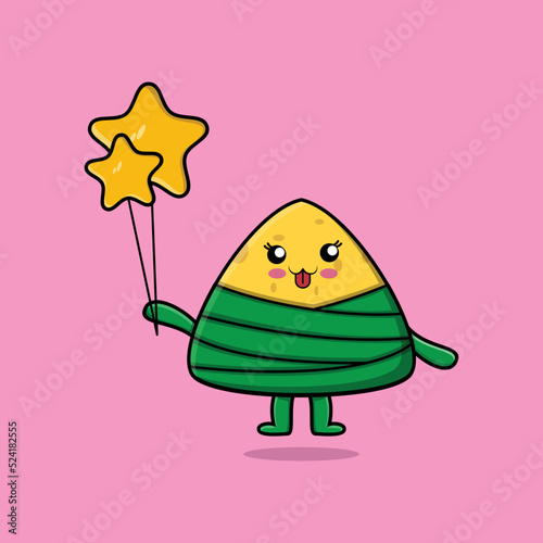 Cute cartoon chinese rice dumpling floating with star balloon cartoon vector illustration  