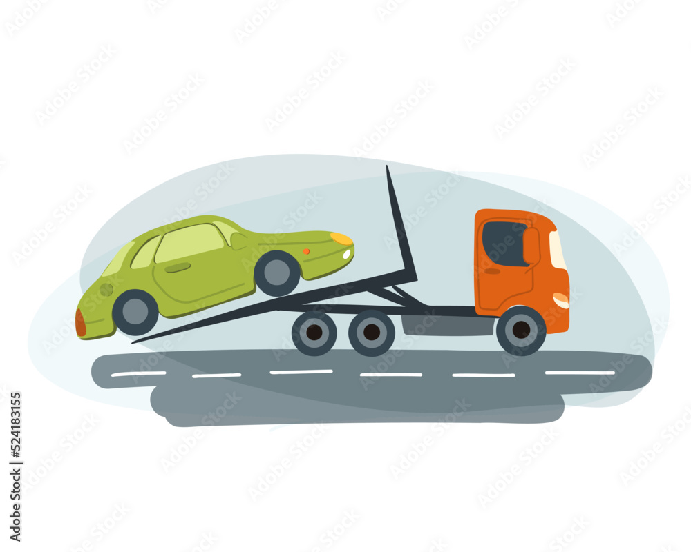 Towing service with a loaded old damaged car that stopped working. A tugboat with a wrecked car. Vector illustration.