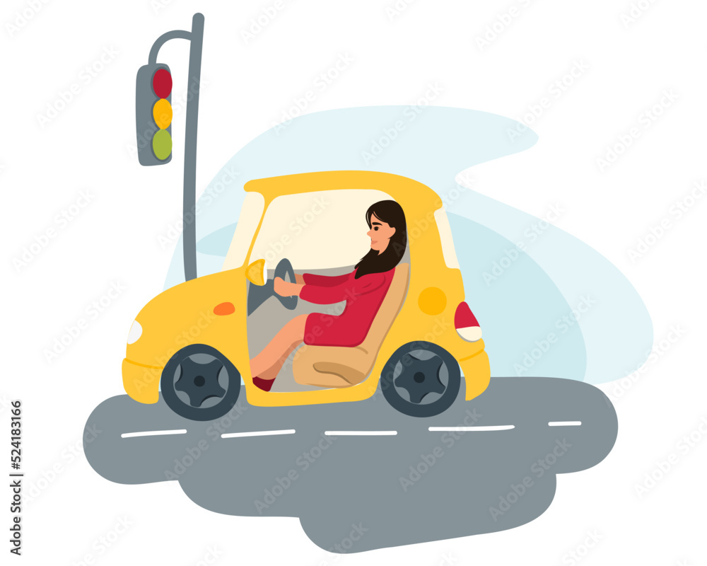 A woman holding a steering wheel or driving a car on a city street is waiting at a red traffic light. Driving lessons in a driving school.
Flat vector illustration.