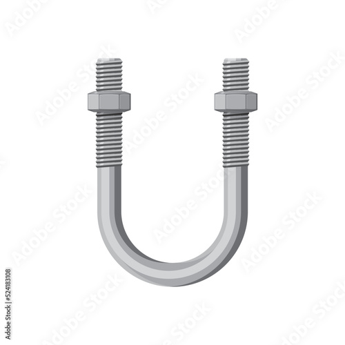 Pipe size plain aluminium suspension U-bolt isolated realistic icon. Vector U bolt clamp with coarse rolled threads, steel or wrought iron pipe, vehicle hardware spare part, stainless steel detail