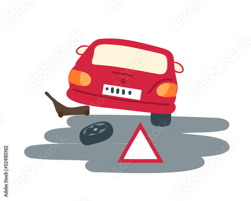 
Replacing a car wheel on a highway. Jack up the car to change a flat tire on the road. Warning triangle. Vector illustration