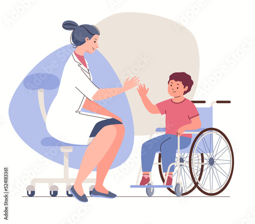 Nurse or doctor with boy in wheelchair in hospital for patients with disabilities, injuries. Rehabilitation, psychological assistance. Vector characters flat cartoon illustration.
