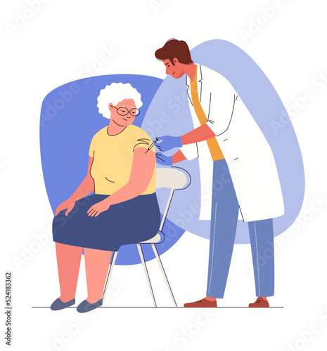 Elderly woman came to vaccination. Nurse gives injection in shoulder to patient. Vector illustration. Flat cartoon characters.
