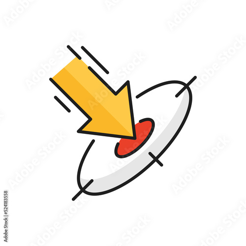 Business goal and targeting color outline icon with arrow hitting target center. Competition win, business achievement and task completing thin line vector symbol or icon