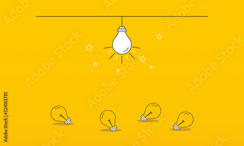 Lit light bulb standing out against unlit bulbs. Concept of Inspiration, new and innovative ideas. Vector illustration