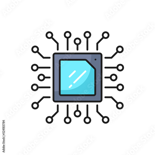 Computer chip, semiconductor technology outline icon. Computer and mobile device hardware, microchip engineering thin line vector symbol or pictogram with microprocessor on motherboard
