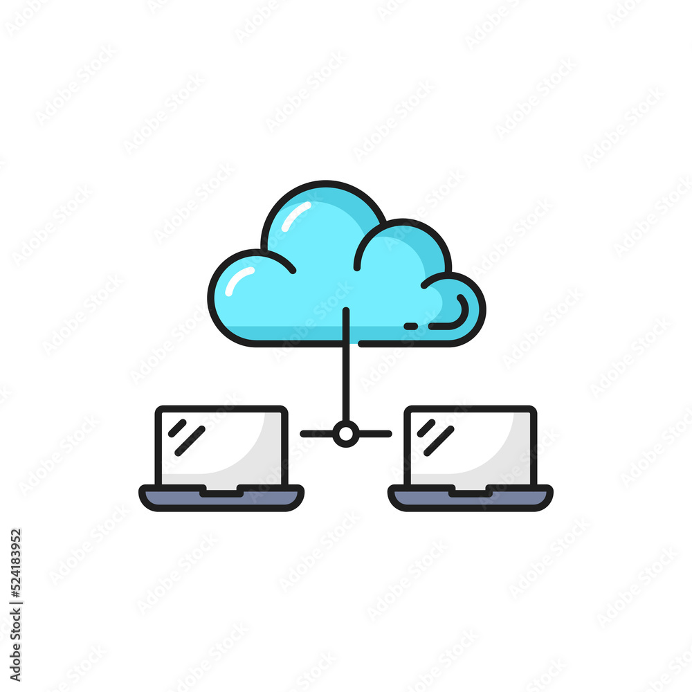 Dada cloud technology outline icon with laptop computer connected to cloud. Information storage, sync and secure remote access, data backup thin line vector symbol, linear icon