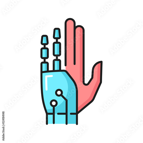 AI innovation or prosthesis future technology outline icon with human hand with robotic fingers. Machine learning, bionic limbs and artificial intelligence innovation thin line vector symbol
