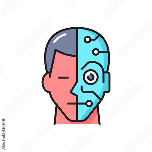 Artificial intelligence, robotic technology outline icon with human and cyborg face. Intelligent machine, humanoid robots and AI innovation thin line vector symbol or icon