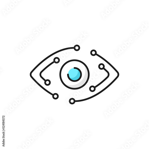 Modern tech innovation outline icon with robot eye and computer motherboard tracks. biometric scanner technology, artificial intelligence and computer vision thin line vector sign with cyborg eyeball