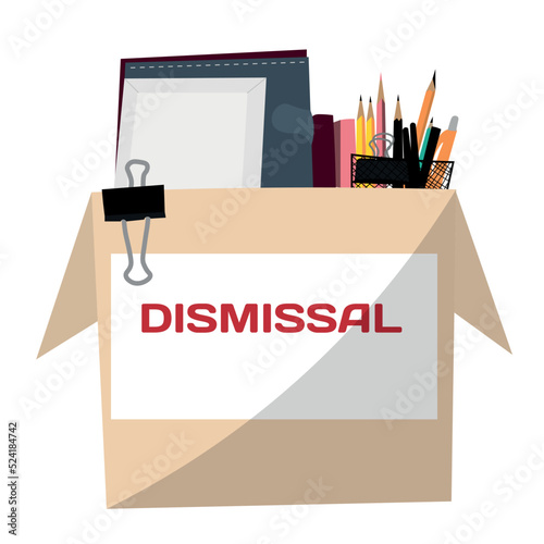 Box with personal things of dismissed worker on white background