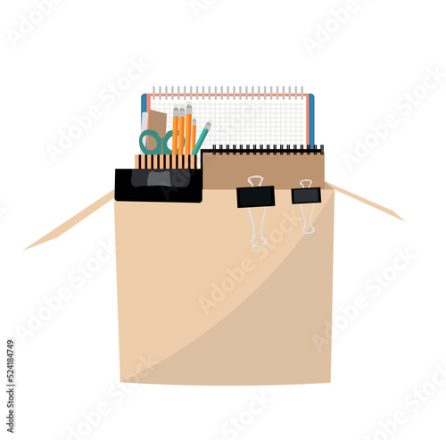 Box with personal things of dismissed worker on white background