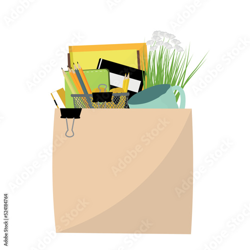 Box with personal things of dismissed worker on white background