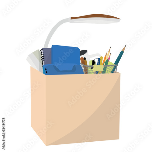 Box with personal things of dismissed worker on white background