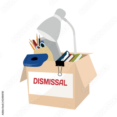 Box with personal things of dismissed worker on white background