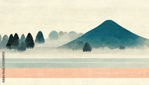 Abstract art of mountain landscape watercolor ink style, Japan nature background. 3D illustration.