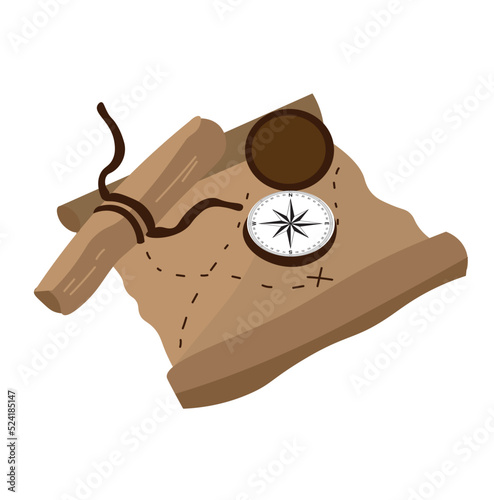 Treasure map and compass on white background