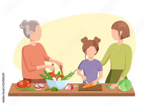 The family is cooking. Grandma, mom and daughter in the kitchen. Cartoon design
