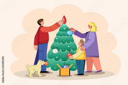Family decorating Christmas tree at home