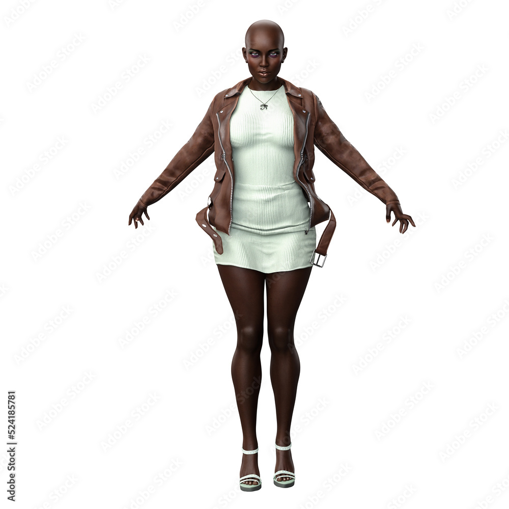Urban Fantasy African-American Woman in Dress and Leather Jacket, 3D Rendering, 3D illustration Urban Fantasy African-American Woman in Dress and Leather Jacket, 3D Rendering, 3D illustration