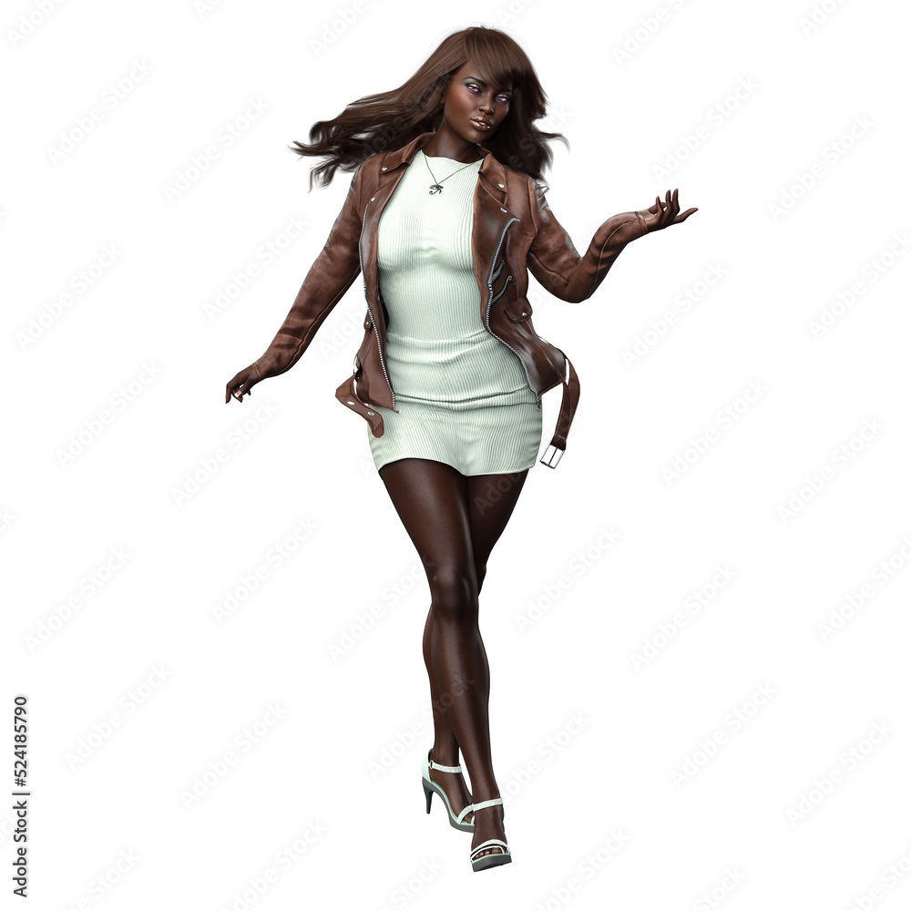 Urban Fantasy African-American Woman in Dress and Leather Jacket, 3D Rendering, 3D illustration Urban Fantasy African-American Woman in Dress and Leather Jacket, 3D Rendering, 3D illustration