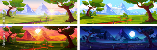 Cartoon nature landscape at morning, evening, night and day time set. Rural dirt road going along green field with deciduous trees and mountains view. Scenery game backgrounds, Vector illustration