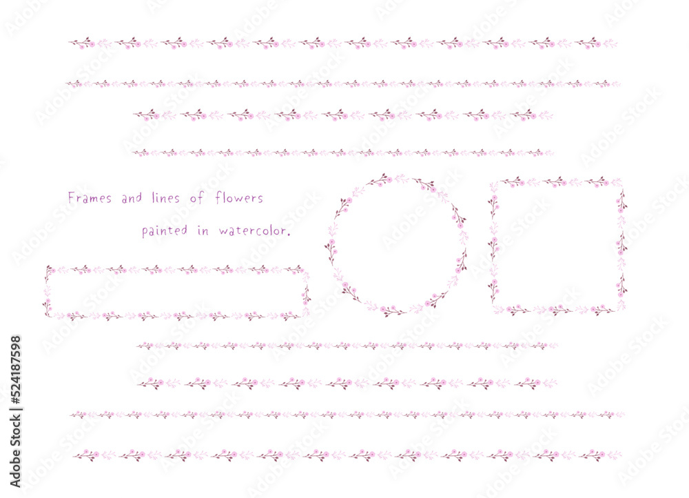 ピンクの水彩花のフレームセット