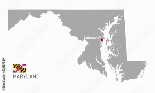 Gray map of Maryland, federal state of USA. Silhouette of Maryland abstract outline editable map with borders, flag of federal state and Annapolis capital realistic vector illustration