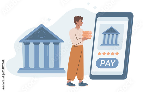 Mobile bank application concept. E-commerce, money transer. For use on landing page, banner. Smartphone. Flat vector illustration.