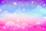 Rainbow unicorn background with clouds stars and hearts. Pastel color sky. Magical landscape, abstract fabulous pattern. Cute candy wallpaper. Vector.