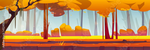 Cartoon autumn forest, wood nature landscape with yellow grass, orange trees and bushes cross section ground view. Scenery natural parallax background for game, 2d panoramic scene, Vector illustration
