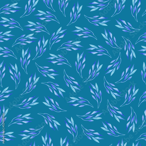 Light blue watercolor leaf's on blue background. Seamless pattern. Fabric, textile. Ornamental.