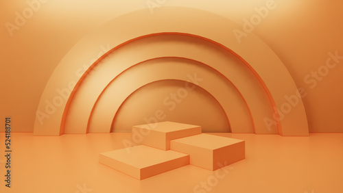Product display orange square podiums with concentric backdrop for product presentation